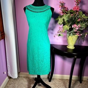 JESSICA HOWARD Teal Blue/Green Paisley Lace Sheath Sleeveless Dress